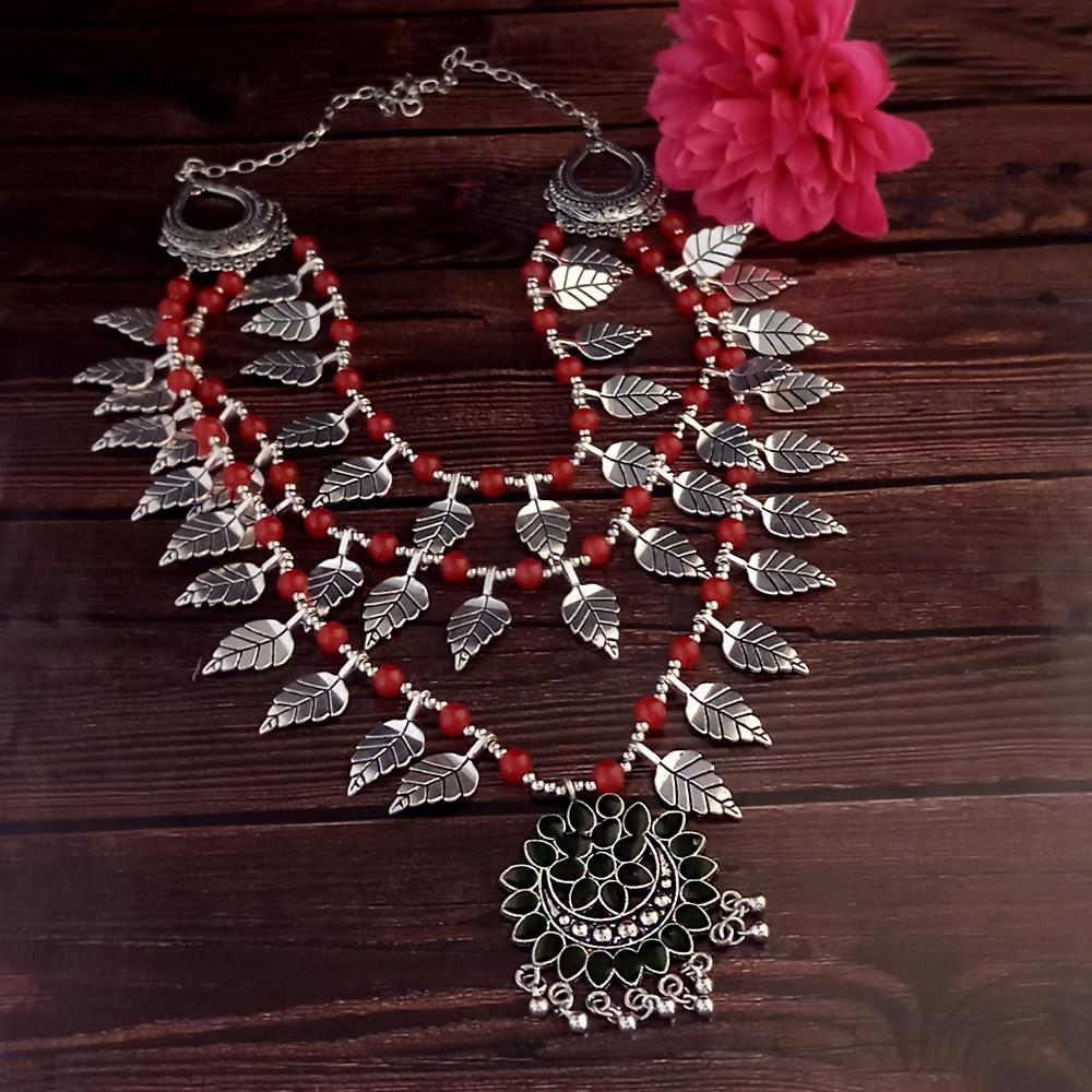 Jeweljunk Oxidised Plated Red color Three Layer Necklace -1114558B
