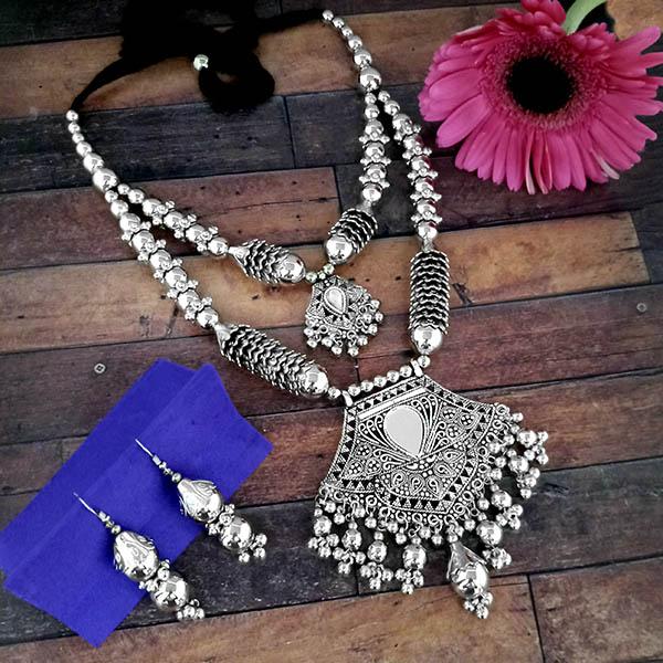 Jeweljunk Oxidised Plated Three Layer Necklace Set - 1114610