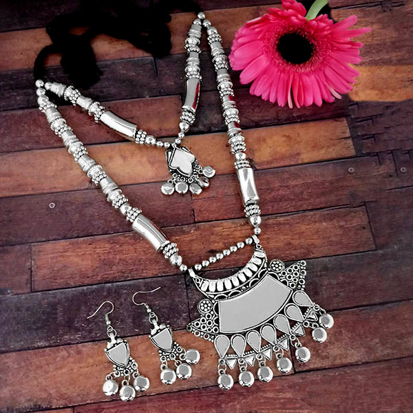 Jeweljunk Oxidised Plated Two Layer Necklace