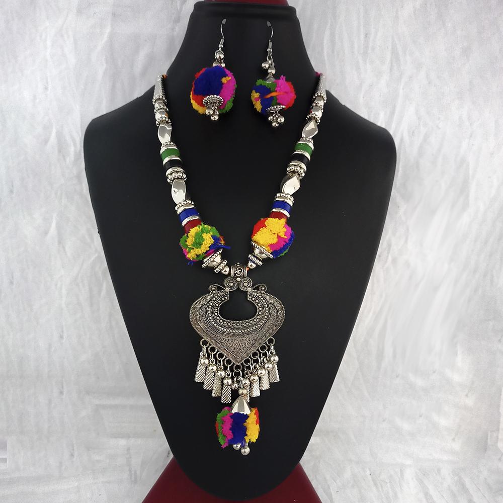 Jeweljunk Oxidised Plated Multicolor Pom Pom Necklace Set - 1114653