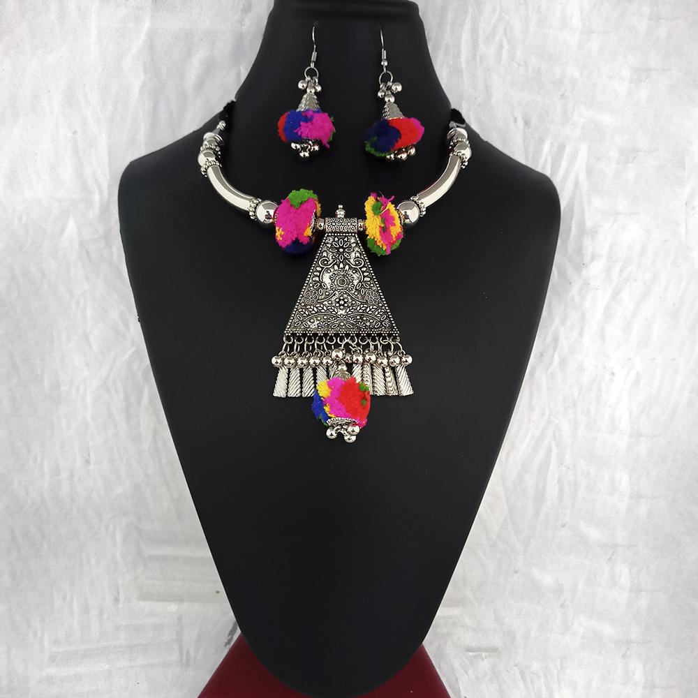 Jeweljunk Oxidised Plated Multicolor Pom Pom Necklace Set - 1114654