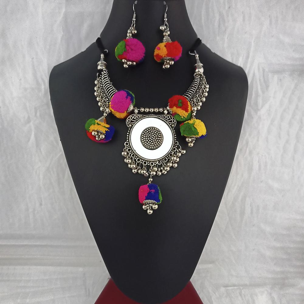 Jeweljunk Oxidised Plated Multicolor Pom Pom Necklace Set - 1114655