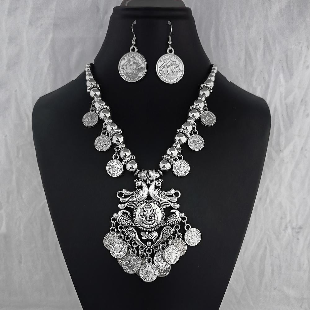 Jeweljunk Oxidised Plated Peacock Necklace Set - 1114657