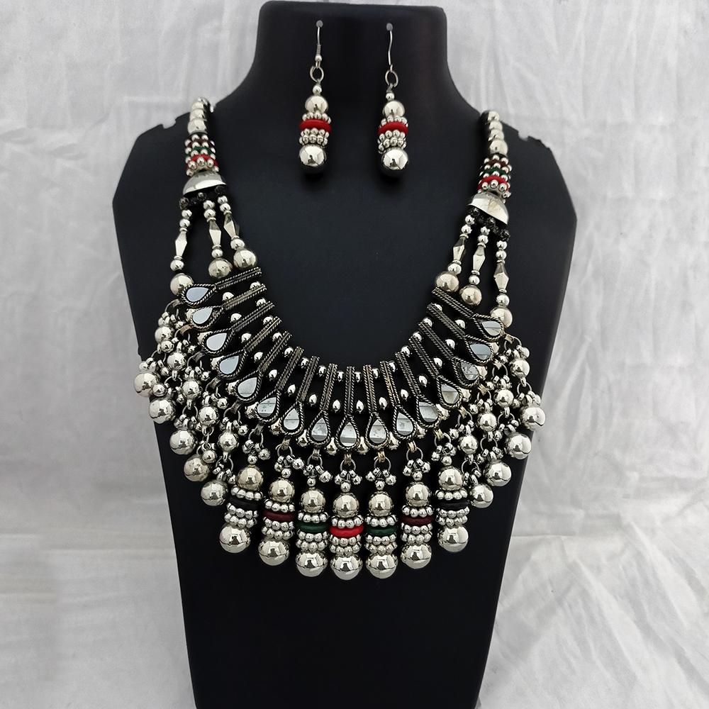 Jeweljunk Oxidised Plated Mirror Necklace Set - 1114660