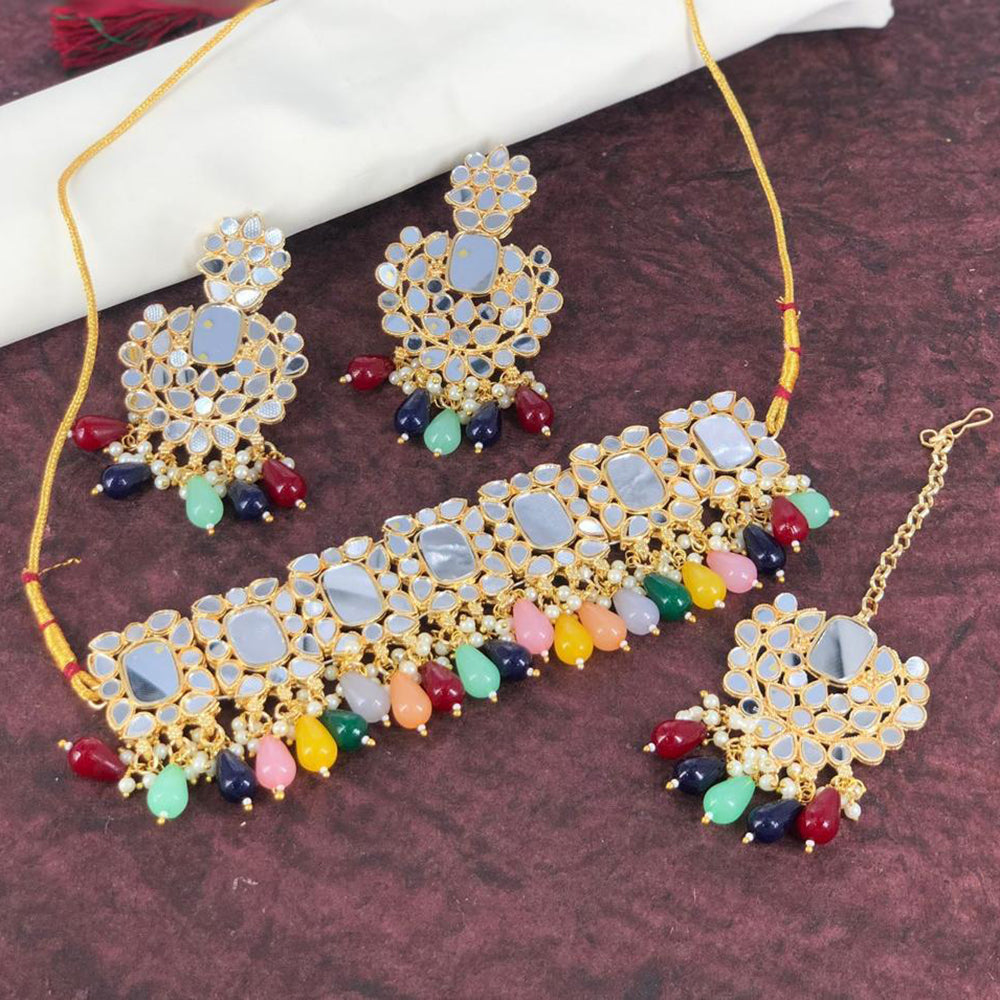 SNERA Gold Plated Mirror & Beads Choker Necklace Set