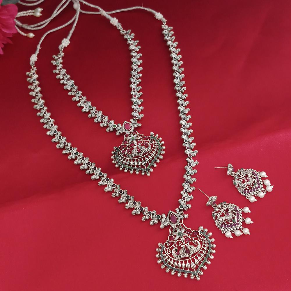 Tisha Oxidised Plated Pink & Green Pota Stone Necklace Set - 1115325