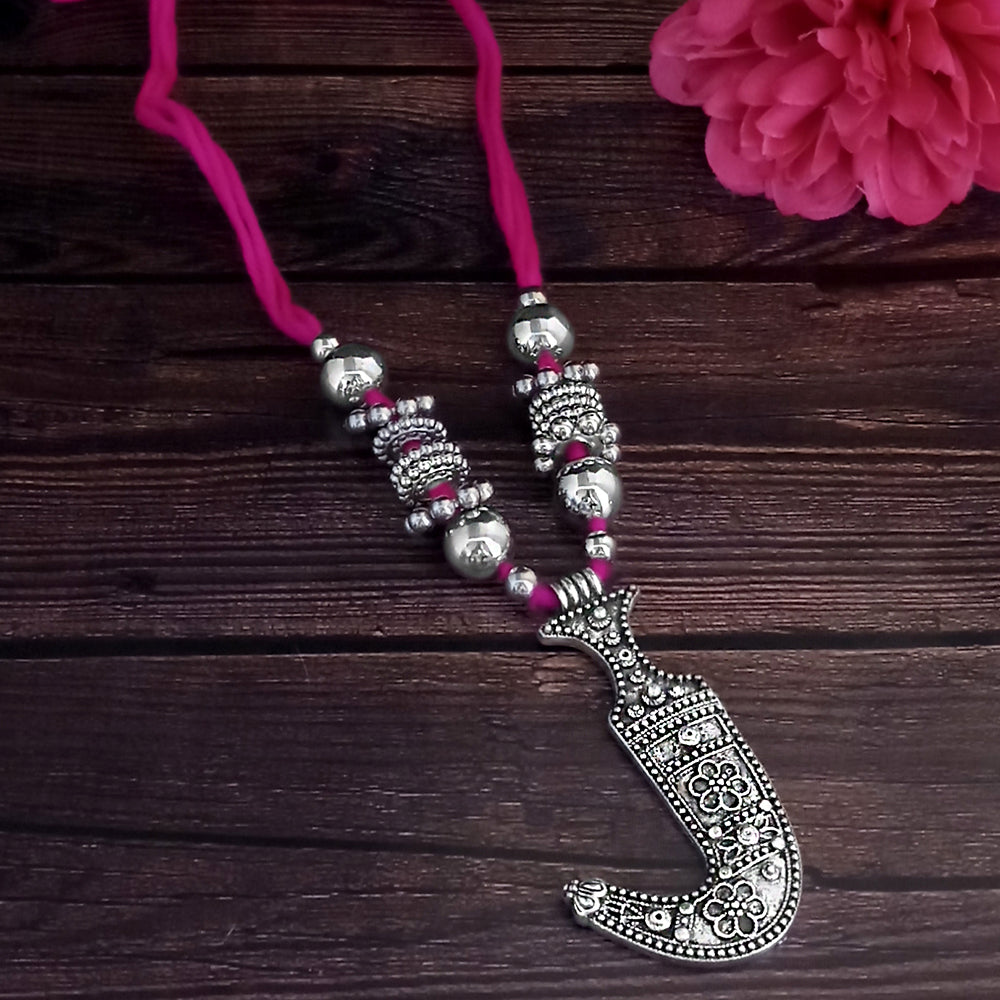 Jeweljunk Oxidised Plated with Pink Thread Necklace