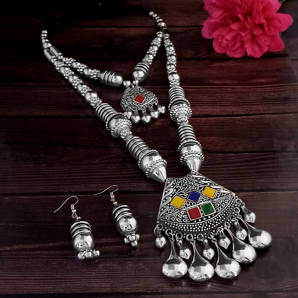 Jeweljunk Oxidised Plated Multicolor Two Layer Necklace Set