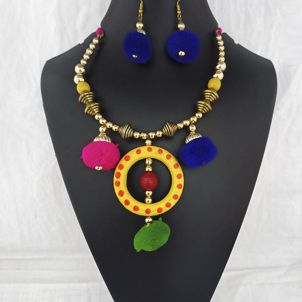 Jeweljunk Gold Plated Multicolor Pom Pom Necklace Set - 1115665