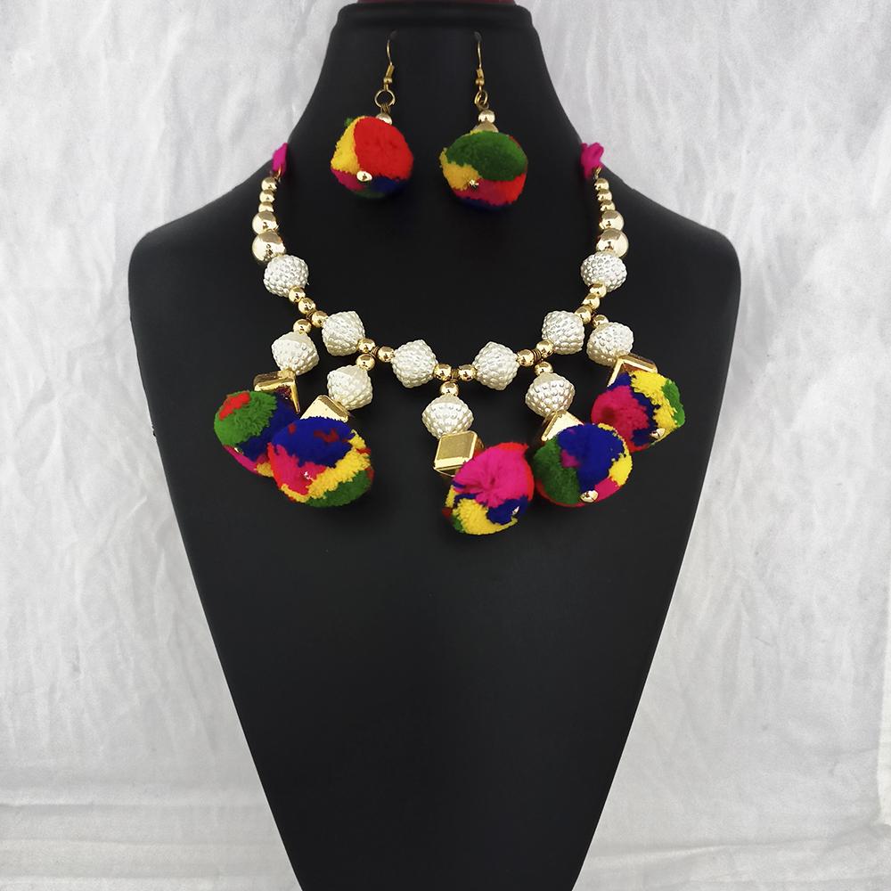 Jeweljunk Gold Plated Multicolor Pom Pom Necklace Set - 1115666