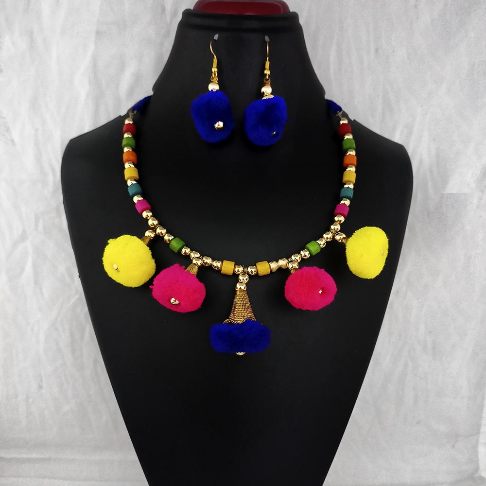 Jeweljunk Gold Plated Multicolor Pom Pom Necklace Set - 1115667