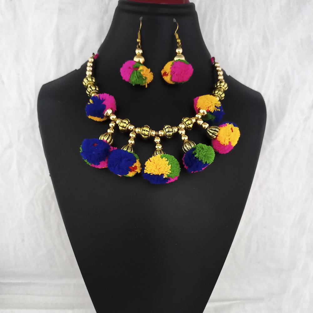Jeweljunk Gold Plated Multicolor Pom Pom Necklace Set - 1115668