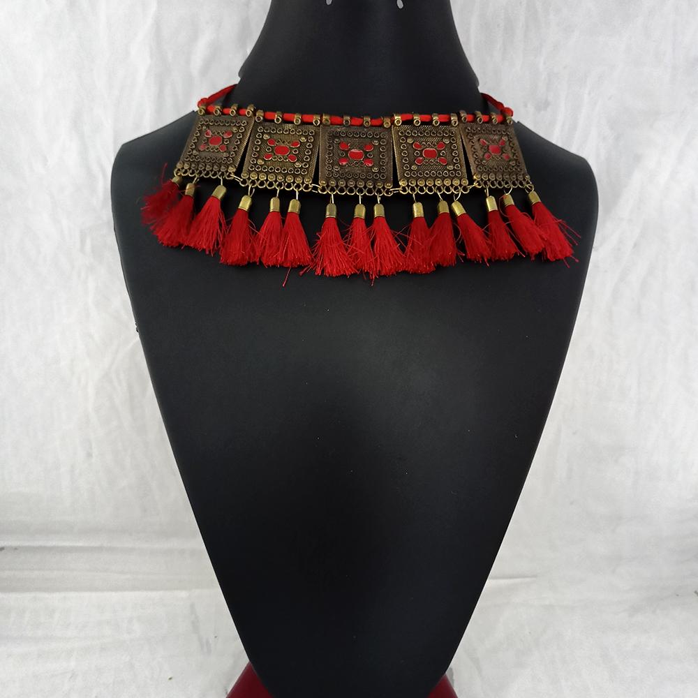 Jeweljunk Oxidised Plated Red Meenakari And Thread Necklace - 1115670B