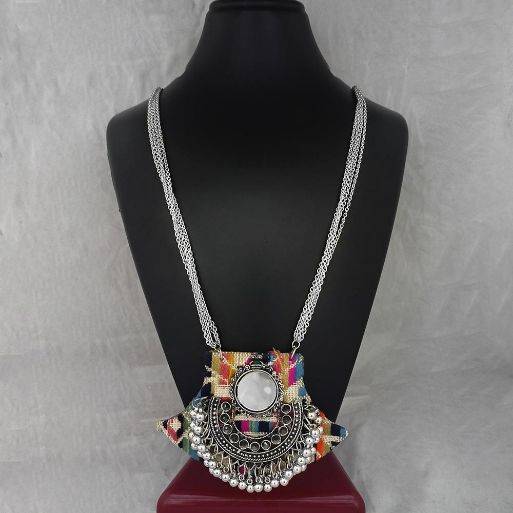 Jeweljunk Antique Plated Mirror And Fabric Fashion Necklace - 1115675A