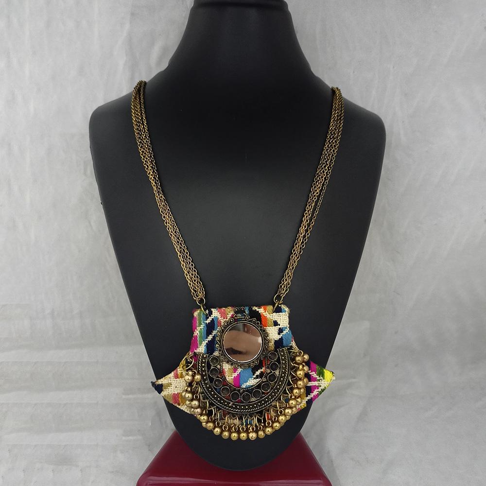 Jeweljunk Antique Plated Mirror And Fabric Fashion Necklace - 1115675A