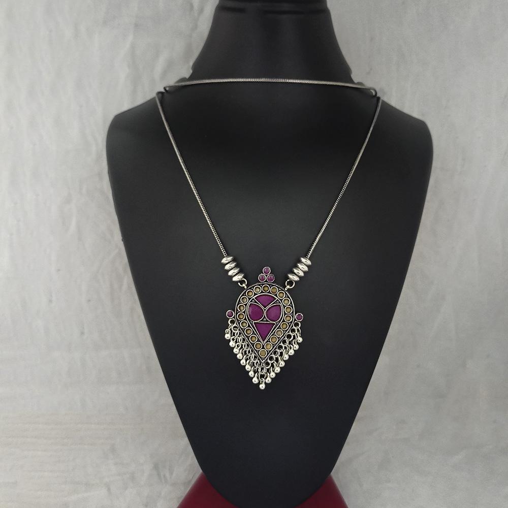 Jeweljunk Oxidised Plated Pota Stone Necklace - 1115676