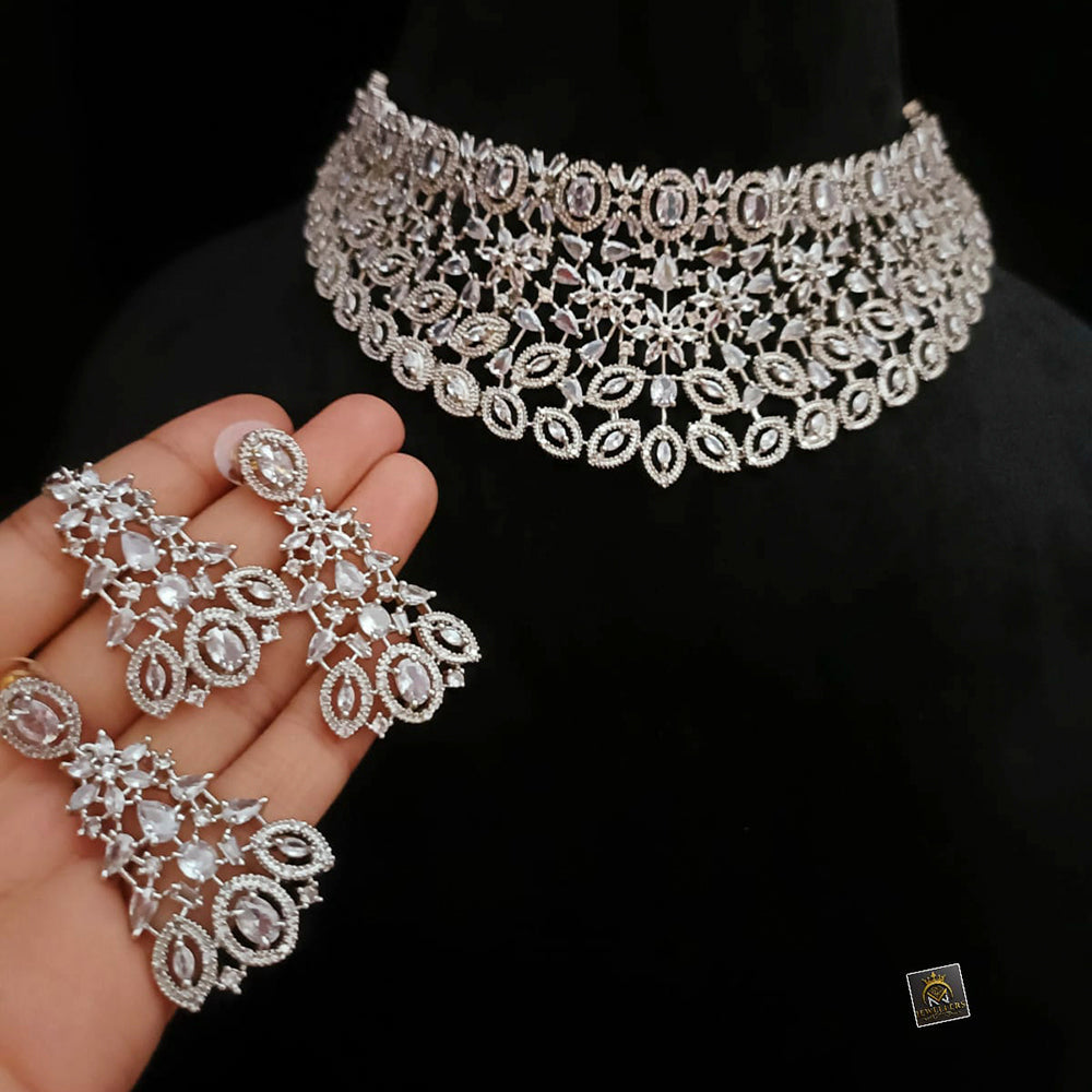 FS Collection Silver Plated AD Stone Choker Necklace Set