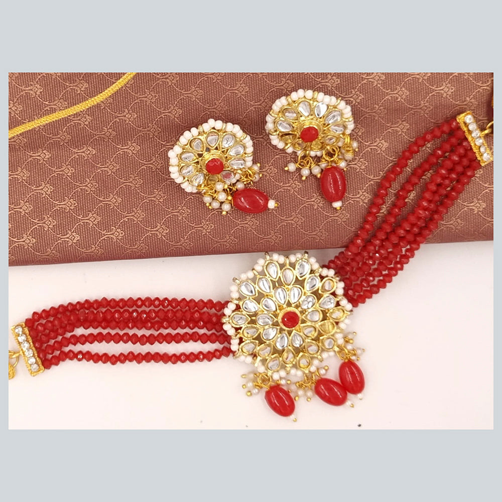 FS Collection Gold Plated Kundan Stone & Beads Choker Necklace Set