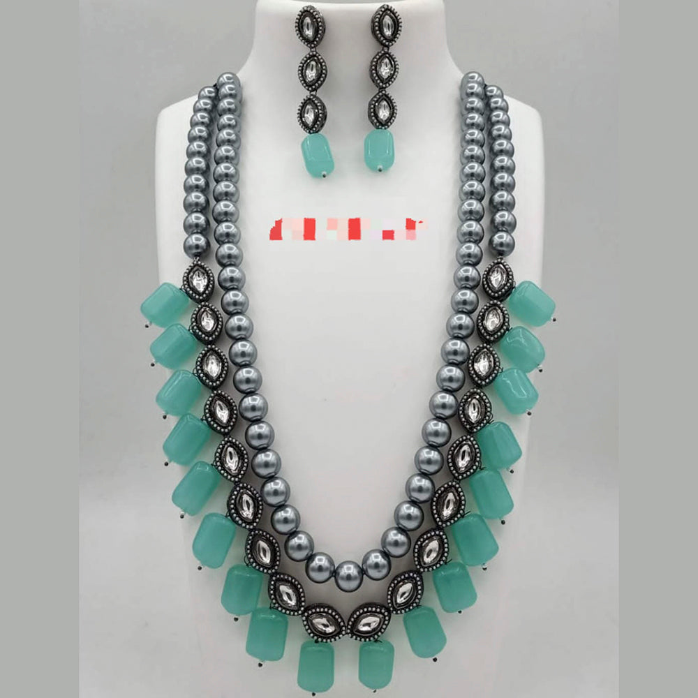 FS Collection Silver Plated Kundan Stone & Beads Long Necklace
