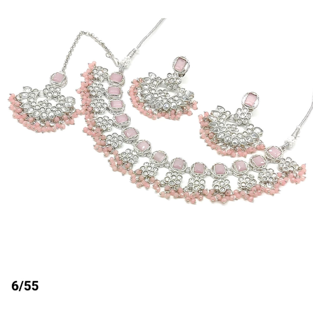 FS Collection Silver Plated Kundan & Crystal Stone Choker Necklace Set
