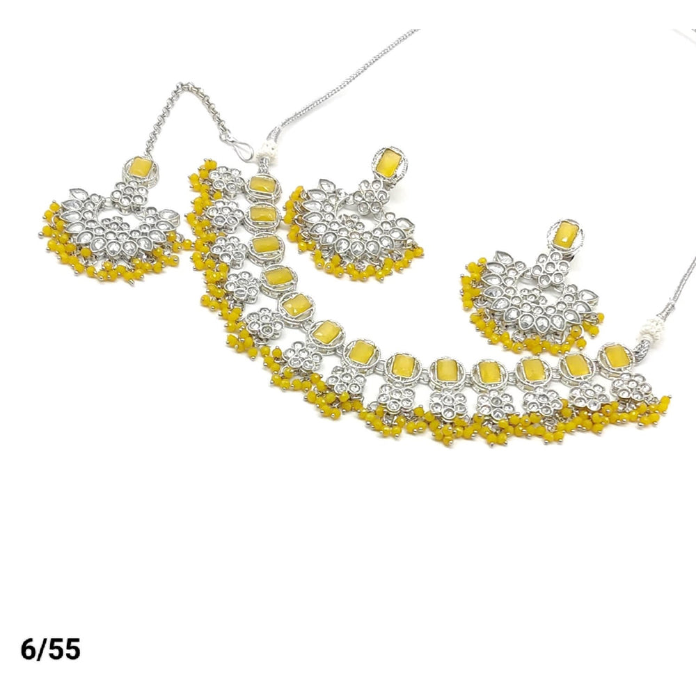 FS Collection Silver Plated Kundan & Crystal Stone Choker Necklace Set