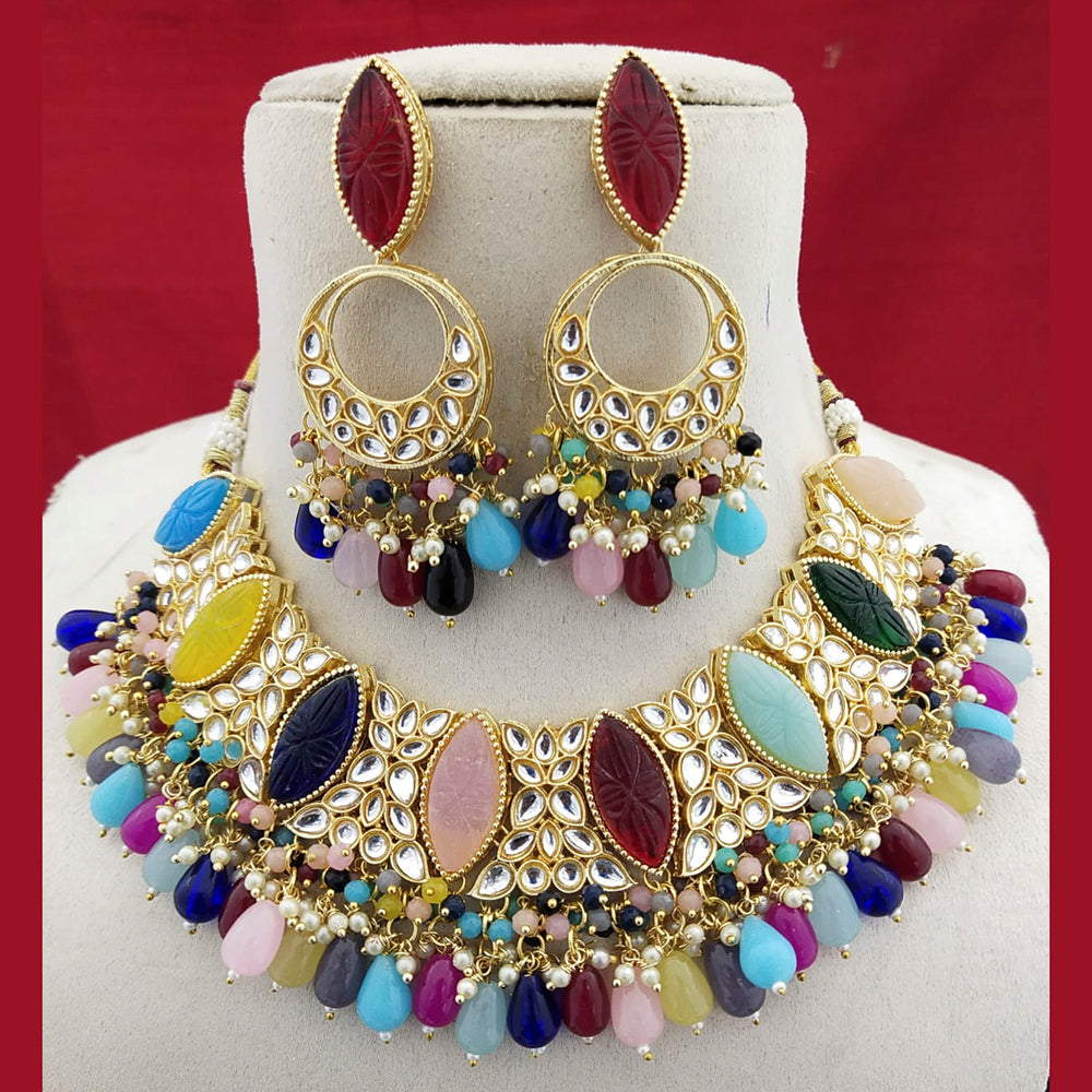FS Collection Gold Plated Kundan Stone & Beads Choker Necklace Set