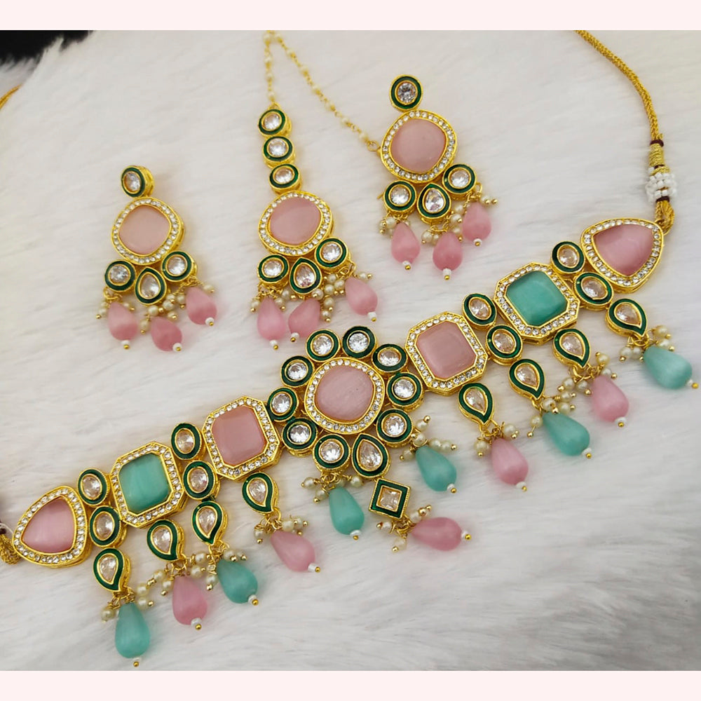 FS Collection Gold Plated Kundan & Crystal Stone Choker Necklace Set