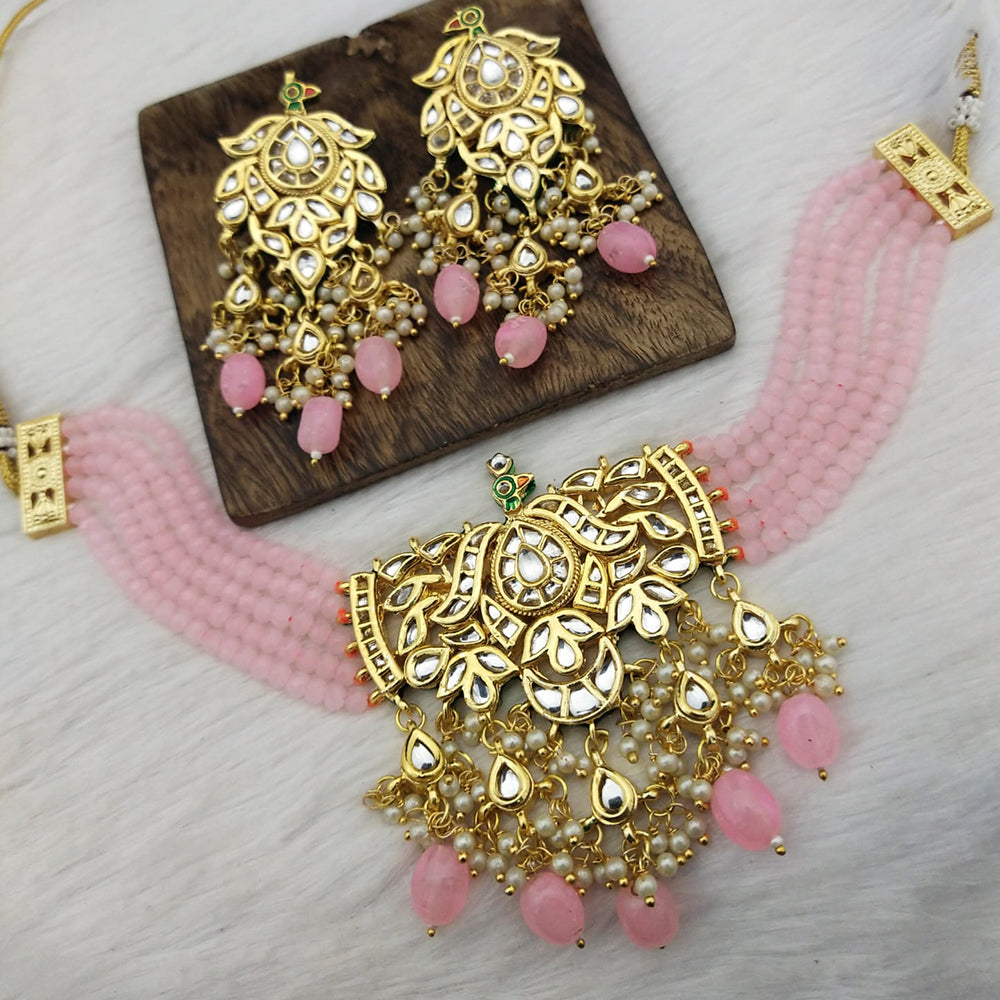 FS Collection Gold Plated Kundan Stone & Beads Choker Necklace Set
