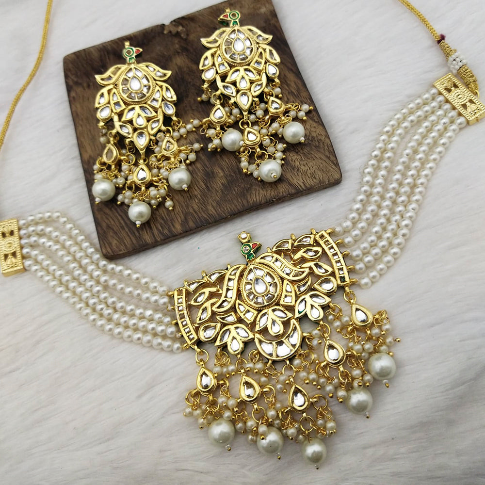 FS Collection Gold Plated Kundan Stone & Beads Choker Necklace Set