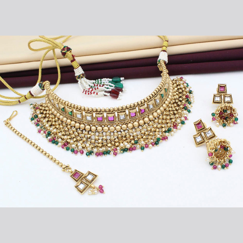 FS Collection Gold Plated Kundan Stone & Beads Choker Necklace Set