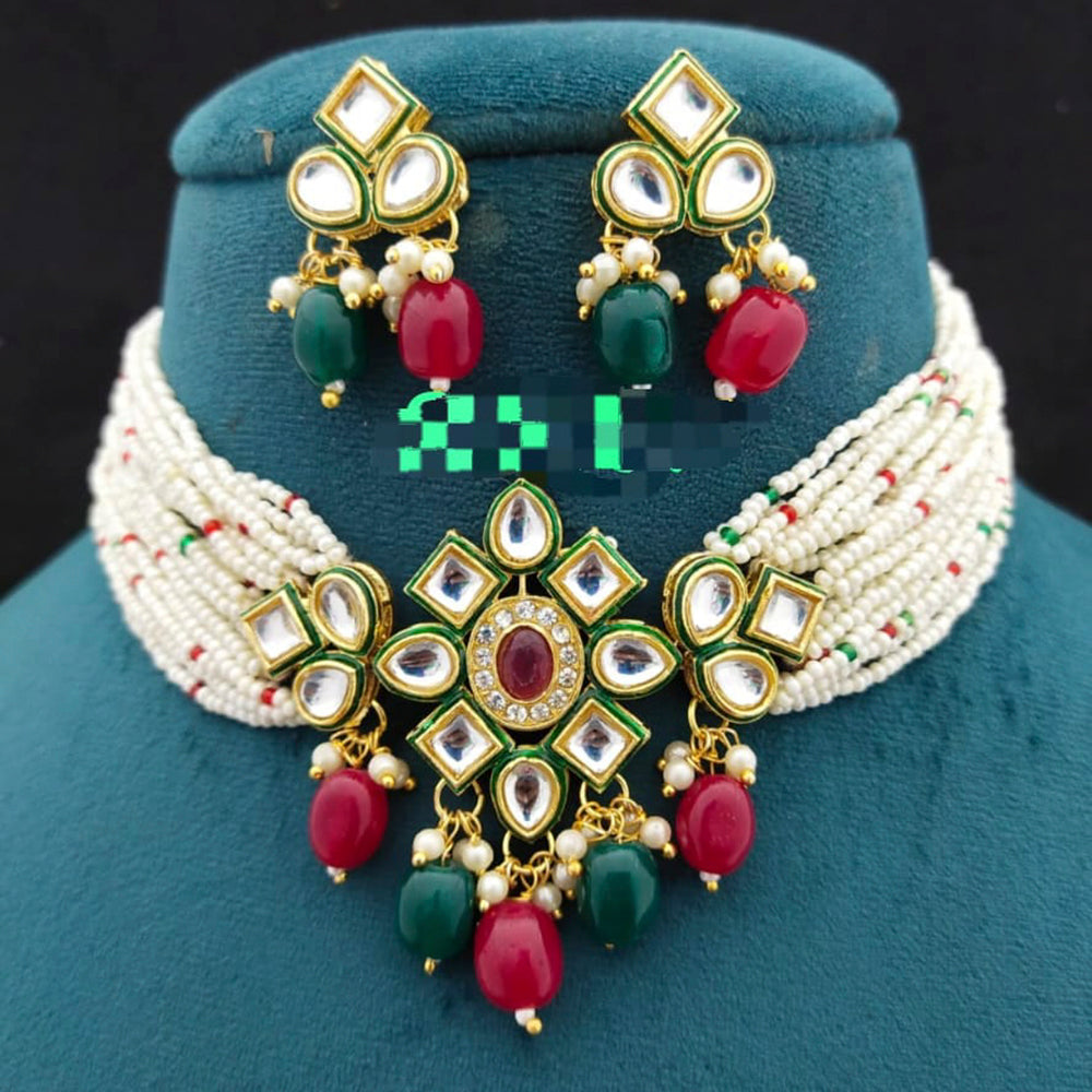 FS Collection Gold Plated Kundan Stone & Beads Choker Necklace Set