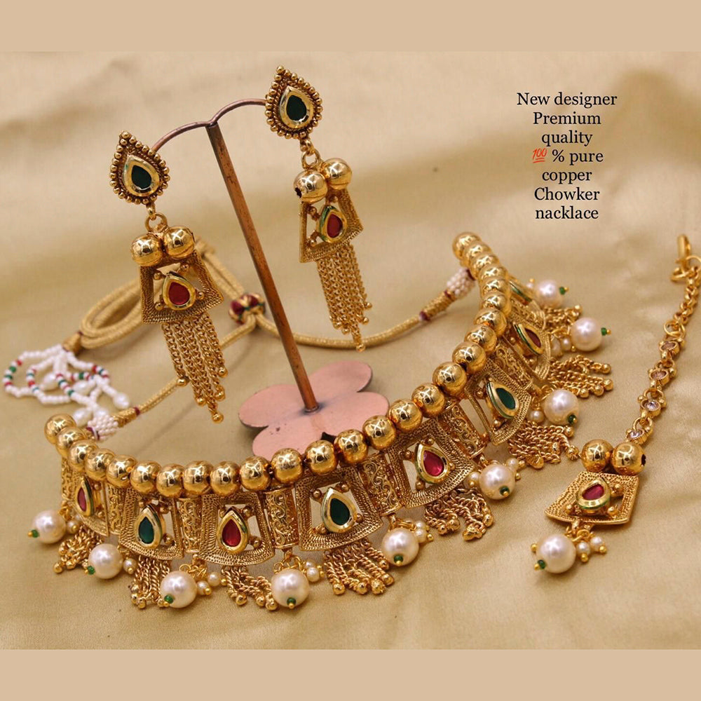 FS Collection Copper Gold Plated Pota Stone Choker Necklace Set