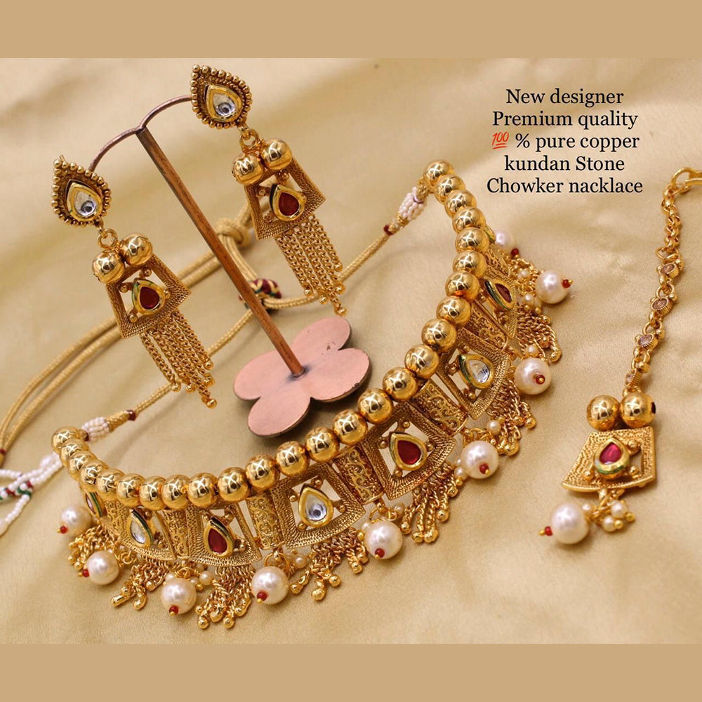 FS Collection Copper Gold Plated Pota Stone Choker Necklace Set