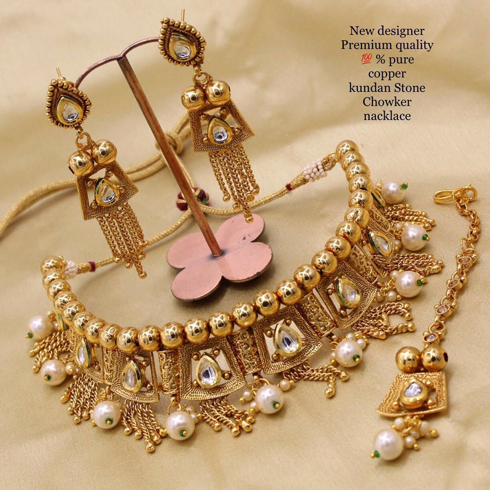 FS Collection Copper Gold Plated Pota Stone Choker Necklace Set