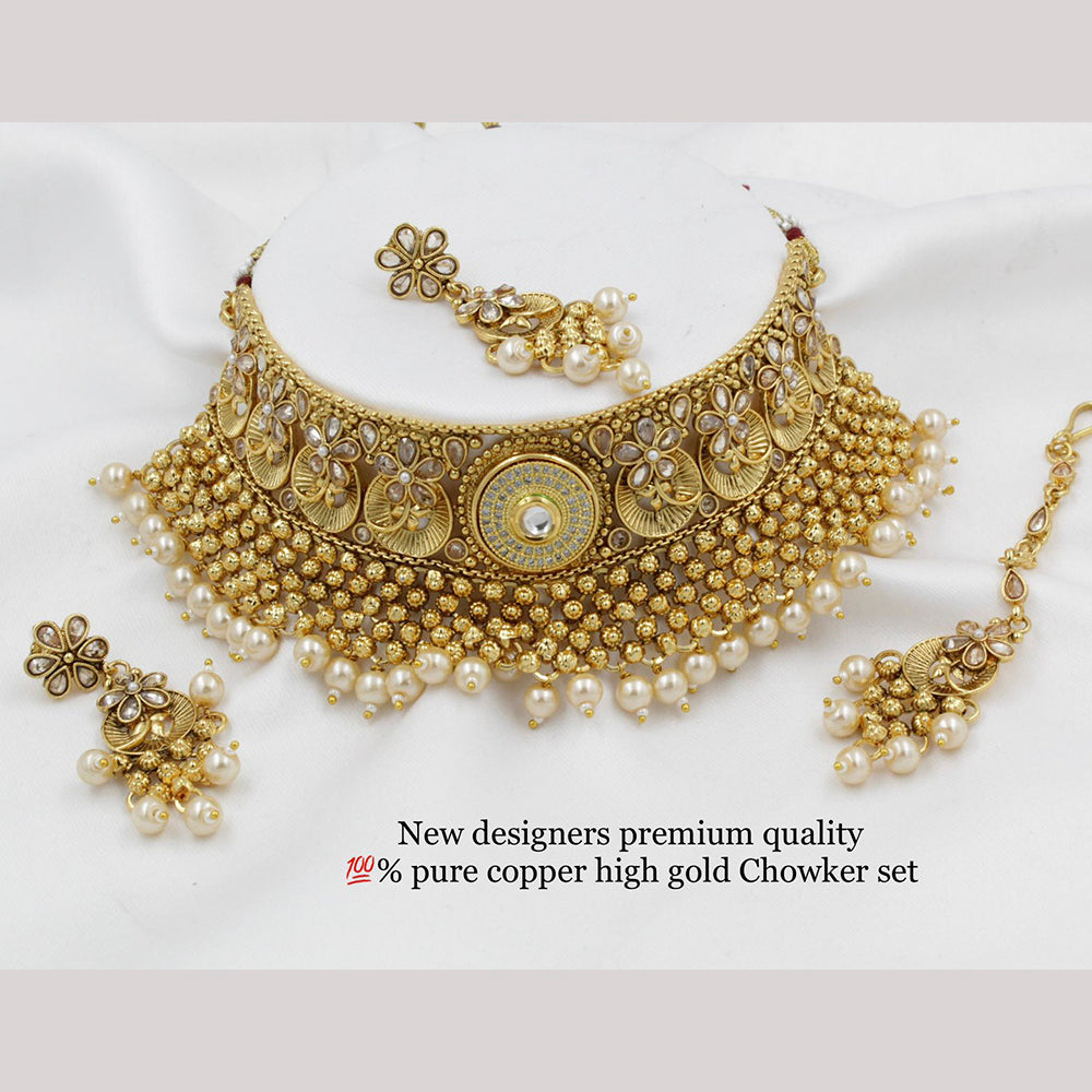 FS Collection Copper Gold Plated Crystal Stone & Beads Choker Necklace Set