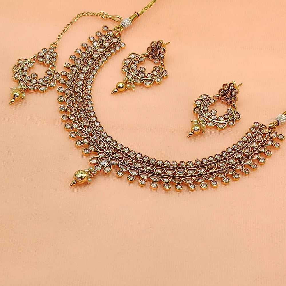 FS Collection Rose Gold Plated Kundan And Pota Stone Necklace Set