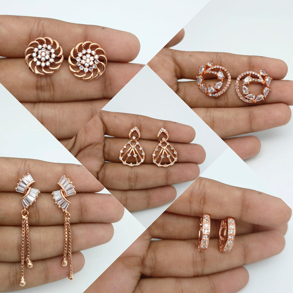 FS Collection Rose Gold Plated AD Stone Earrings Combo