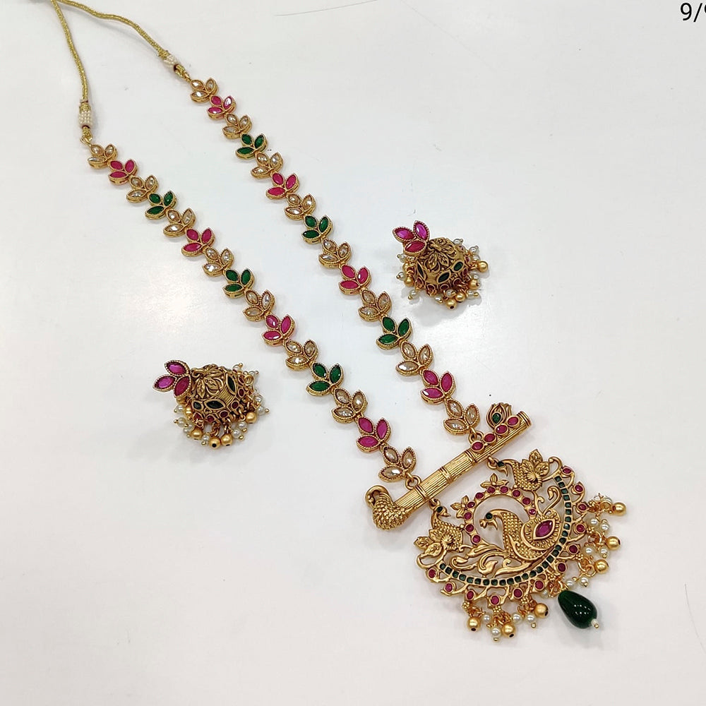 FS Collection Gold Plated Pota Stone Peacock Design Long Necklace Set