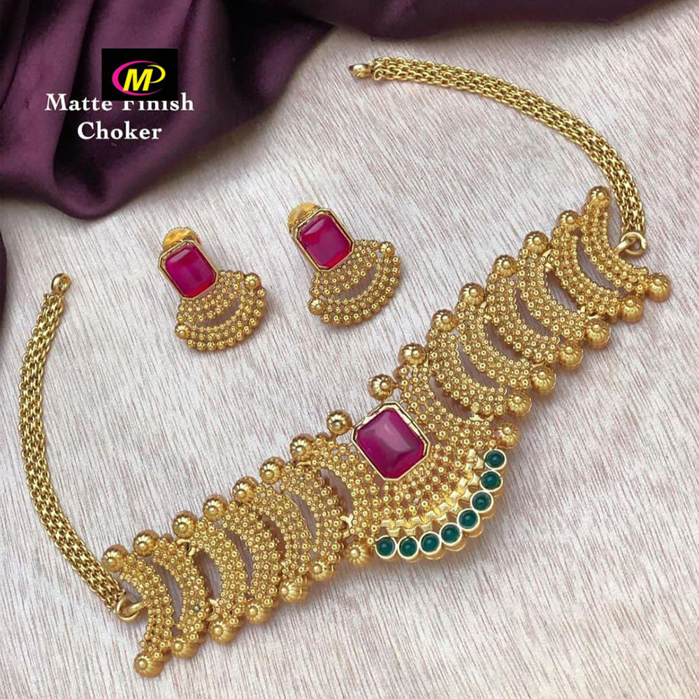 FS Collection Gold Plated Pota Stone Choker Necklace Set