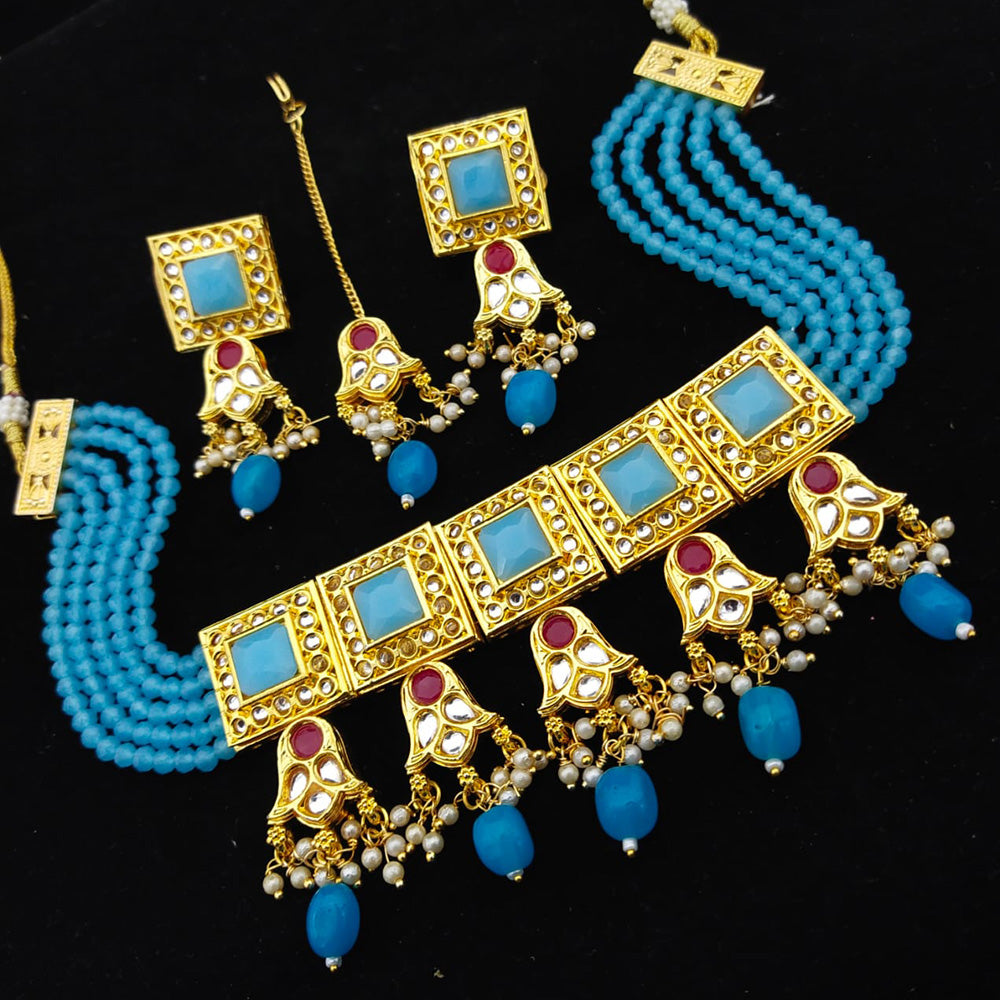 FS Collection Gold Plated Kundan & Beads Choker Necklace Set
