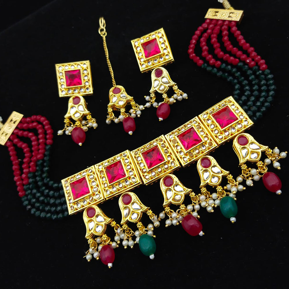 FS Collection Gold Plated Kundan & Beads Choker Necklace Set