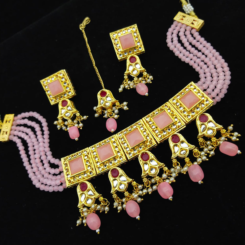 FS Collection Gold Plated Kundan & Beads Choker Necklace Set