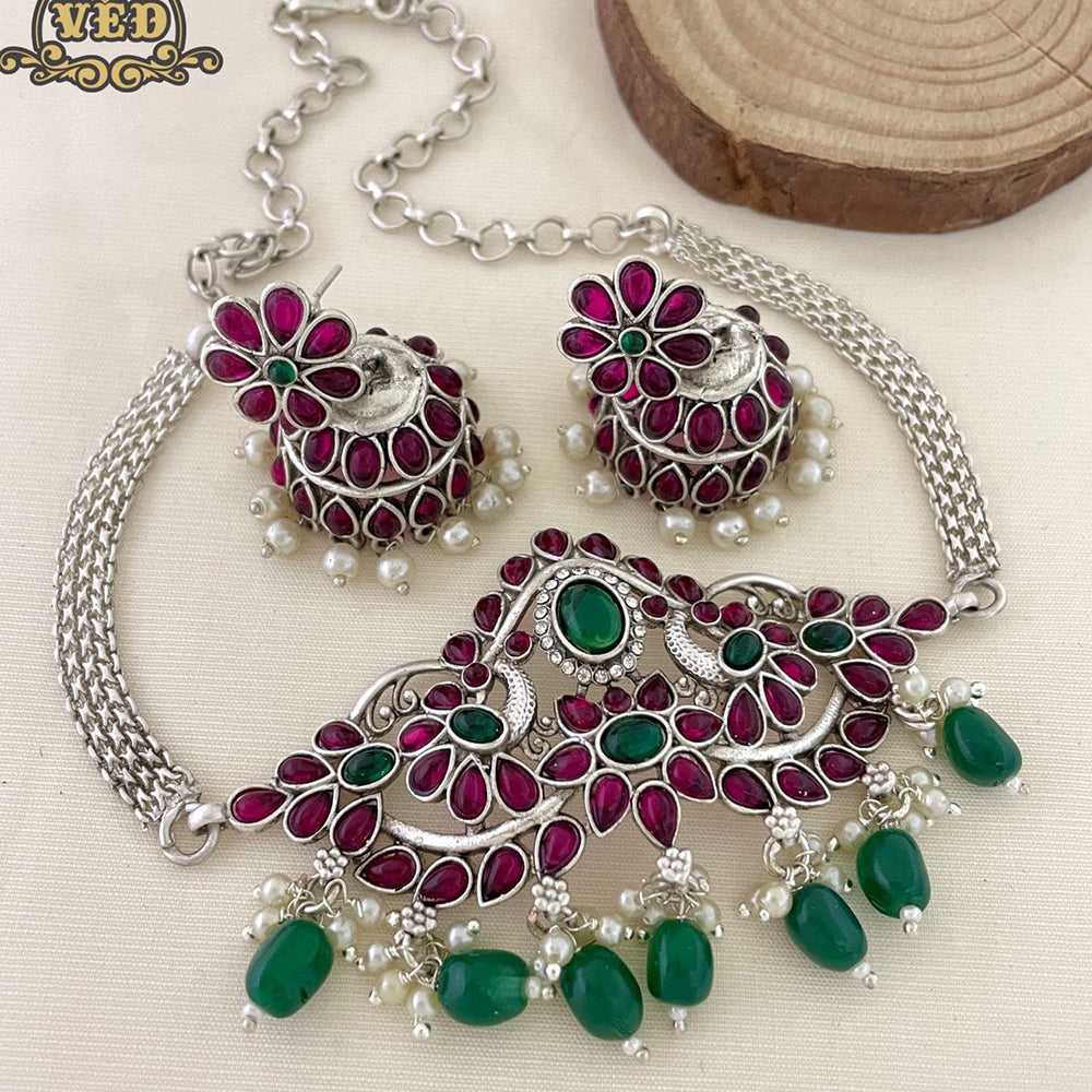 FS Collection Oxidised Plated Kundan Necklace Set