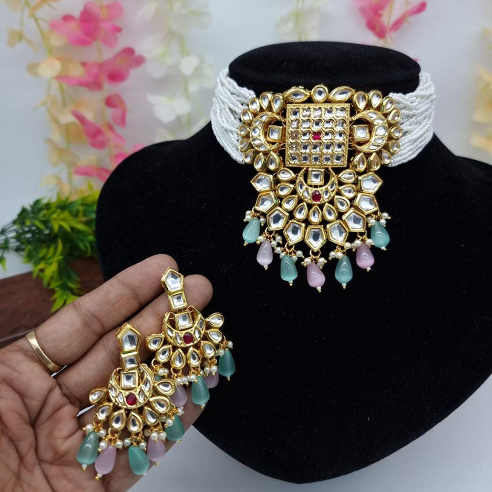 FS Collection Gold Plated Kundan Stone Choker Necklace Set