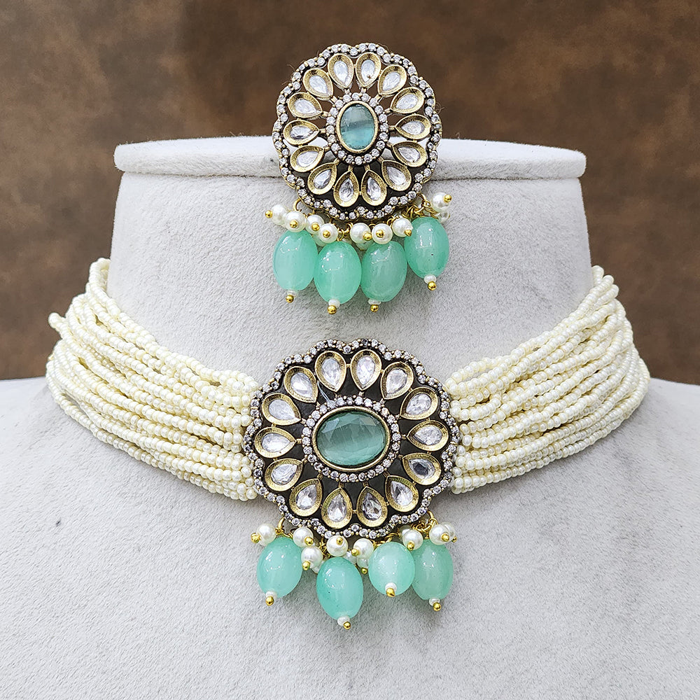 FS Collection Gold Plated Kundan And Pearl Choker Necklace Set