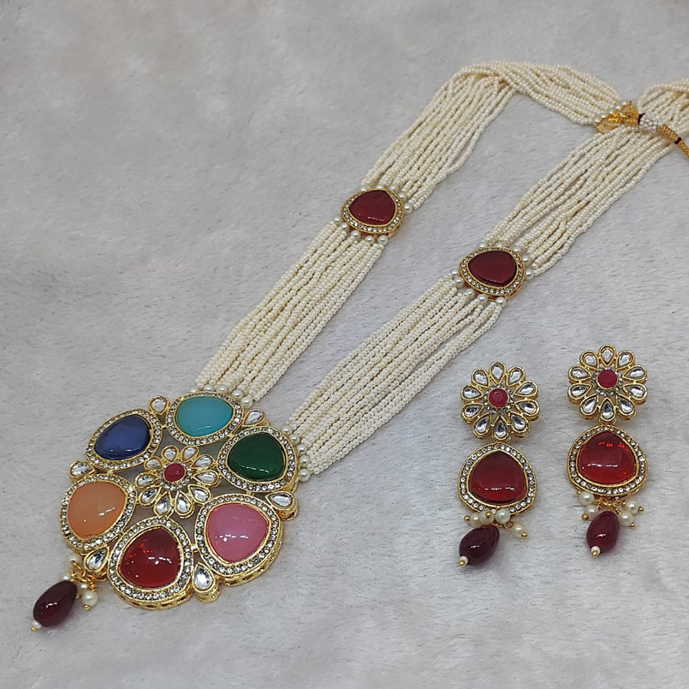FS Collection Gold Plated Kundan And Pearl Long Necklace Set