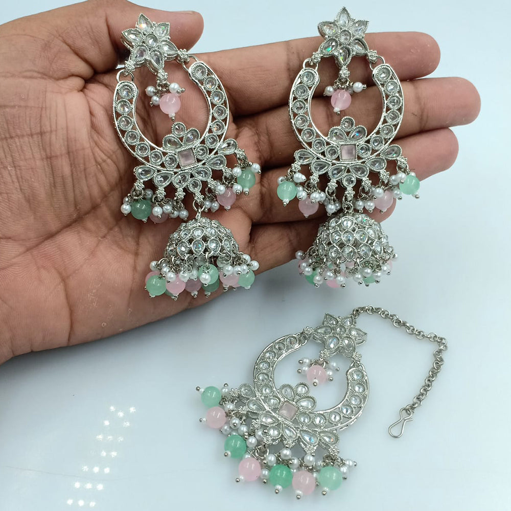 Fs Collection Silver Plated Crystal Stone Jhumki With Maangtikka
