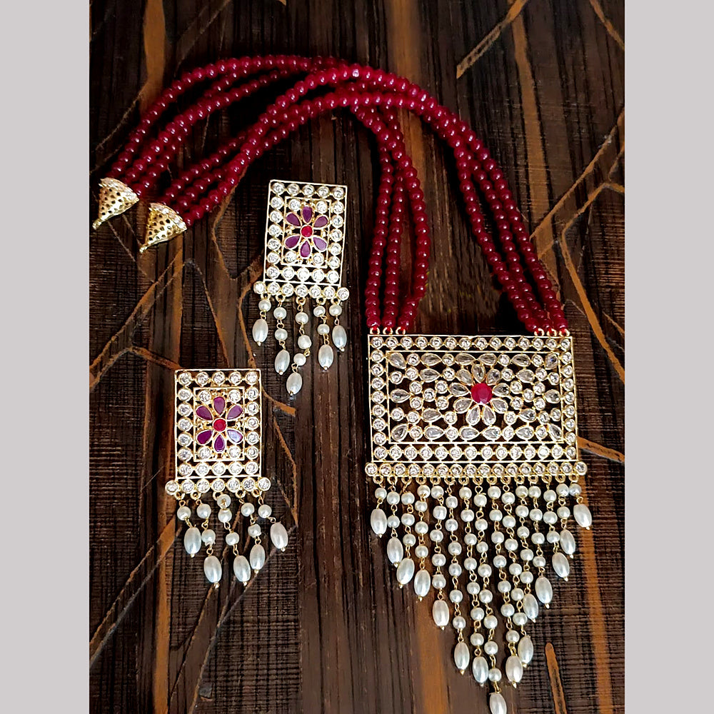 FS Collection Gold Plated Crystal And Pearl Long Necklace Set