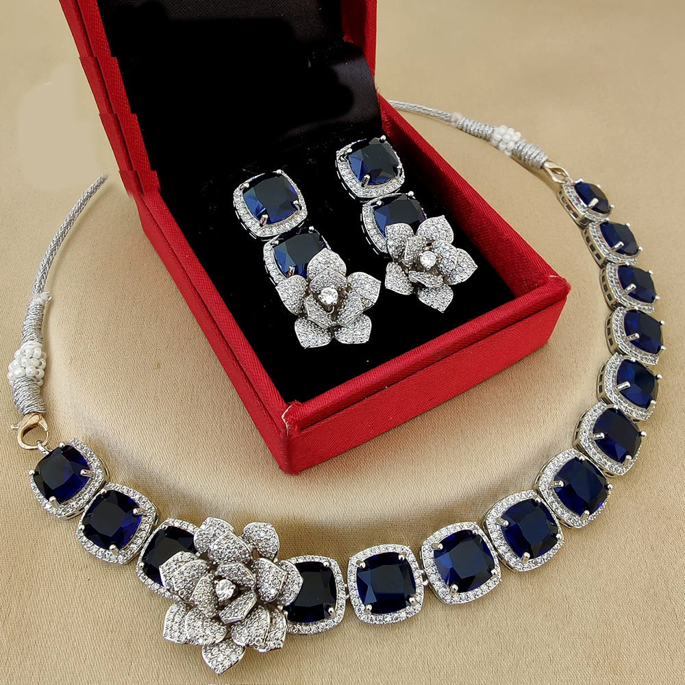 FS Collection Silver Plated AD Choker Necklace Set