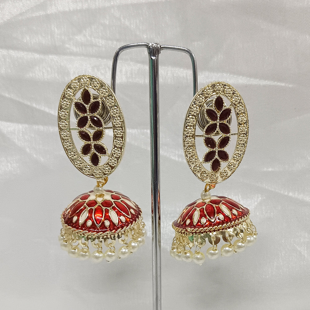 Darshana Jewels Gold Kundan Stone And Meenakari Jhumki Earrings